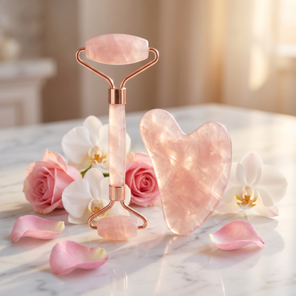Coffret Rituel Visage | Face Roller & Gua Sha en Quartz Rose